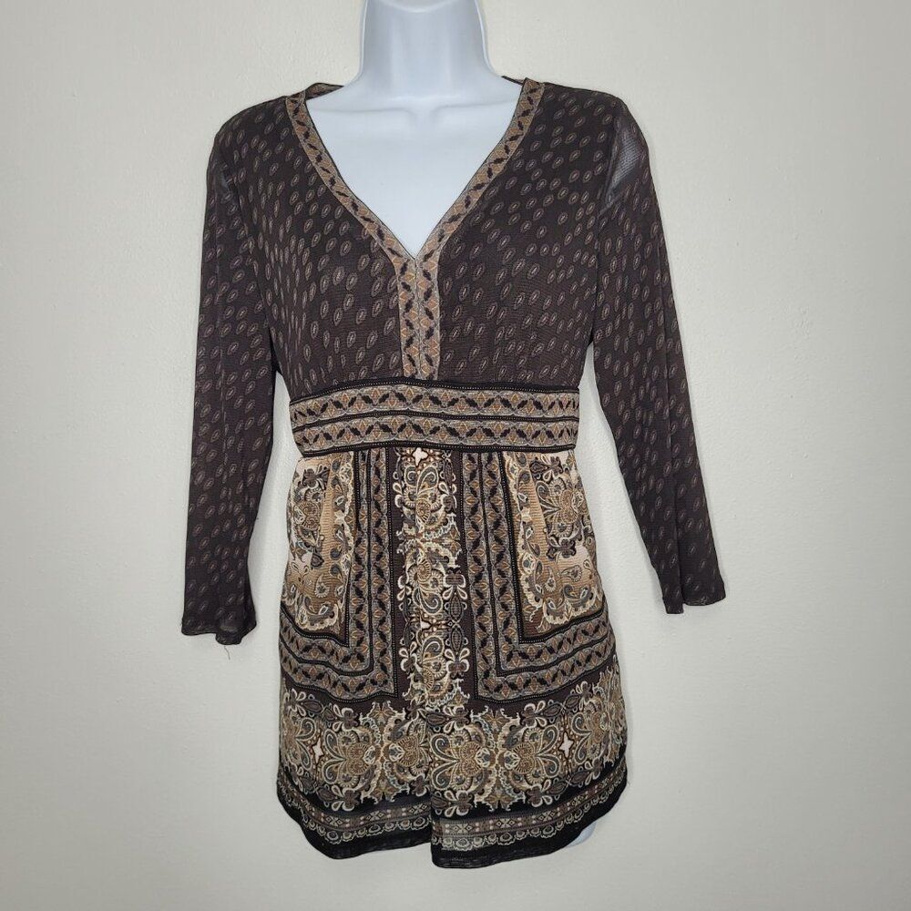 vintage y2k brown tan boho print nylon 3/4 sleeve going out party top large